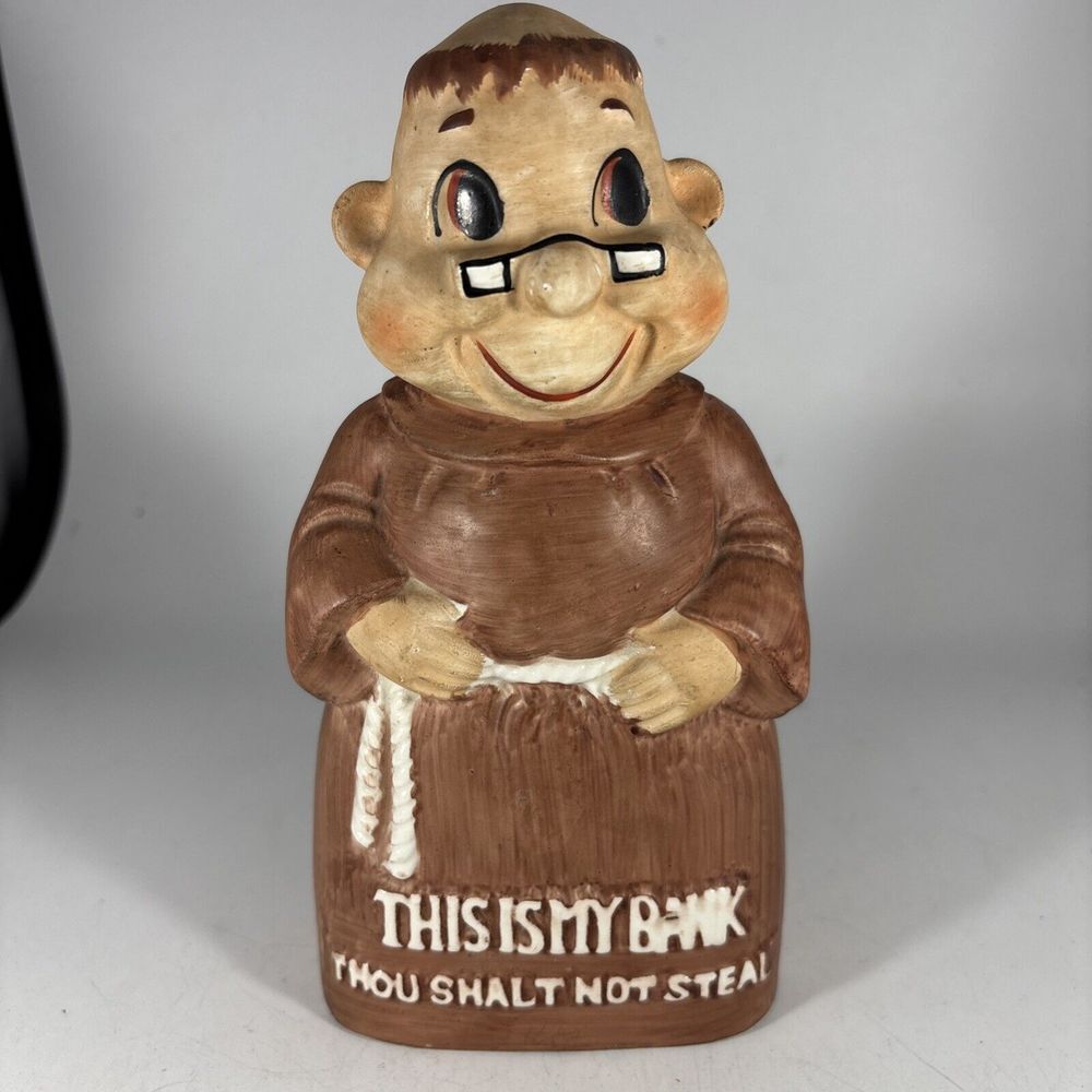 Vintage Ceramic Friar Monk Coin Bank Japan This Is My Bank Thou Shalt Not Steal